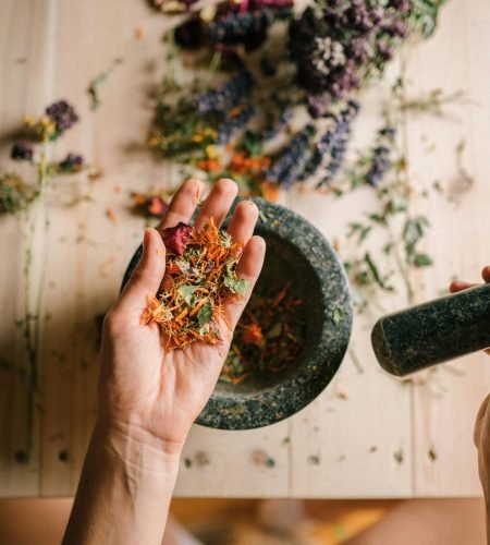 Hands grinding dried herbs with a mortar and pestle, perfect for holistic medicine and aromatherapy.